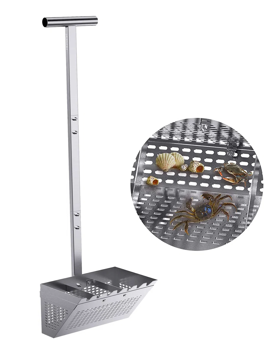e rastrello, e rastrello per spiaggia, 36,2" manico ergonomico a T staccabile lungo, 11,2'' cestino trapezoidale largo con 2 elementi di supporto e denti ad arpa, acciaio inossidabile e rastrello pe