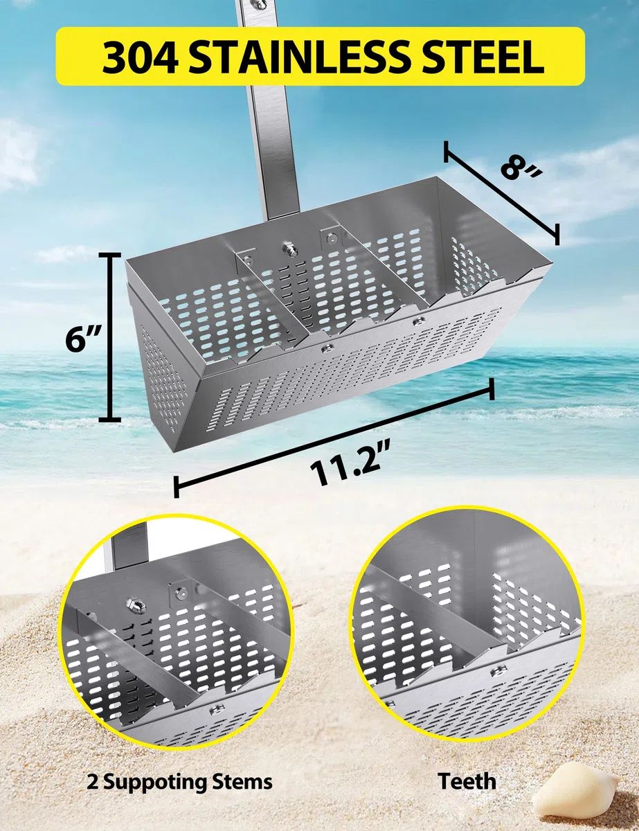 e rastrello, e rastrello per spiaggia, 36,2" manico ergonomico a T staccabile lungo, 11,2'' cestino trapezoidale largo con 2 elementi di supporto e denti ad arpa, acciaio inossidabile e rastrello pe