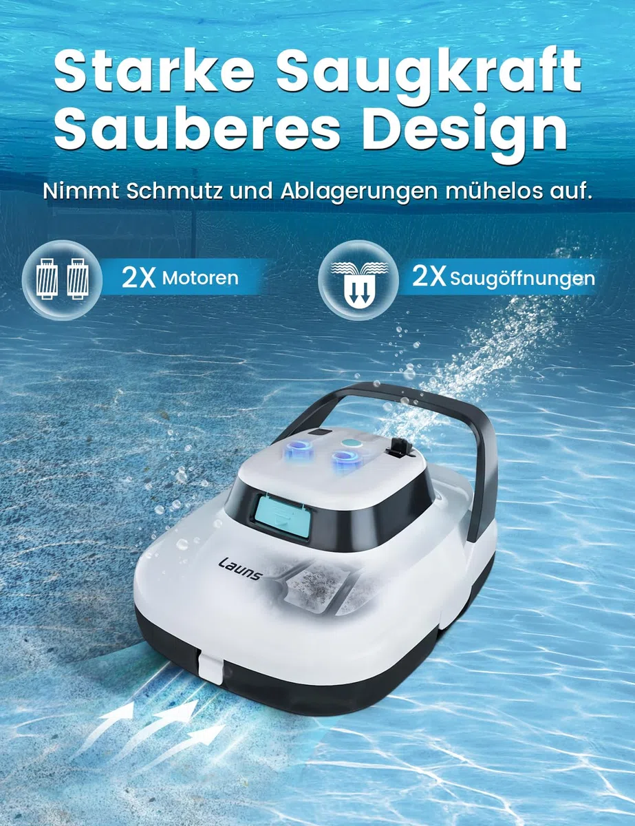 Robot da piscina, a batteria, senza fili, per piscina fuori terra | 90 minuti di autonomia, pulizia automatica, funzione autoparcheggio per piscina fuori terra