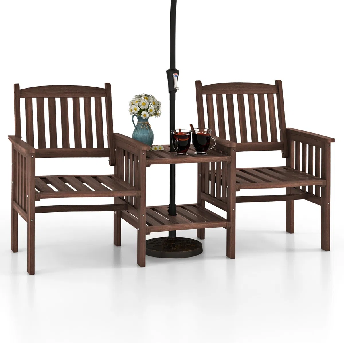 KOMFOTTEU Set di salotto da giardino in un pezzo, in legno massello, 1 tavolo con foro per ombrelloni e 2 poltrone, mobili da esterno per cortile, patio, terrazza (carico 150 kg, marrone)