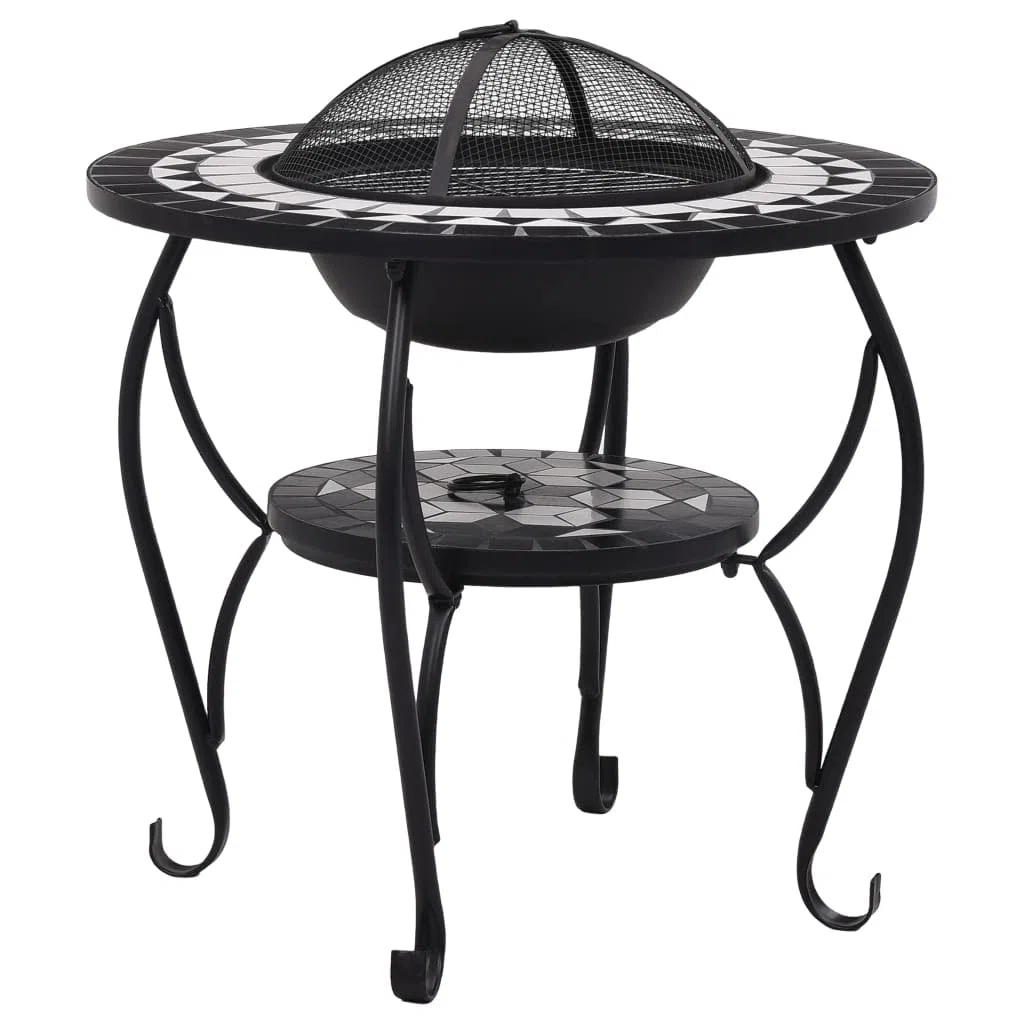 Braciere rotondo con mosaico in ceramica nera e bianca, 68 cm, braciere con protezione dalle scintille in acciaio, braciere per legno e carbone, con attizzatoio, utilizzabile anche come barbecue