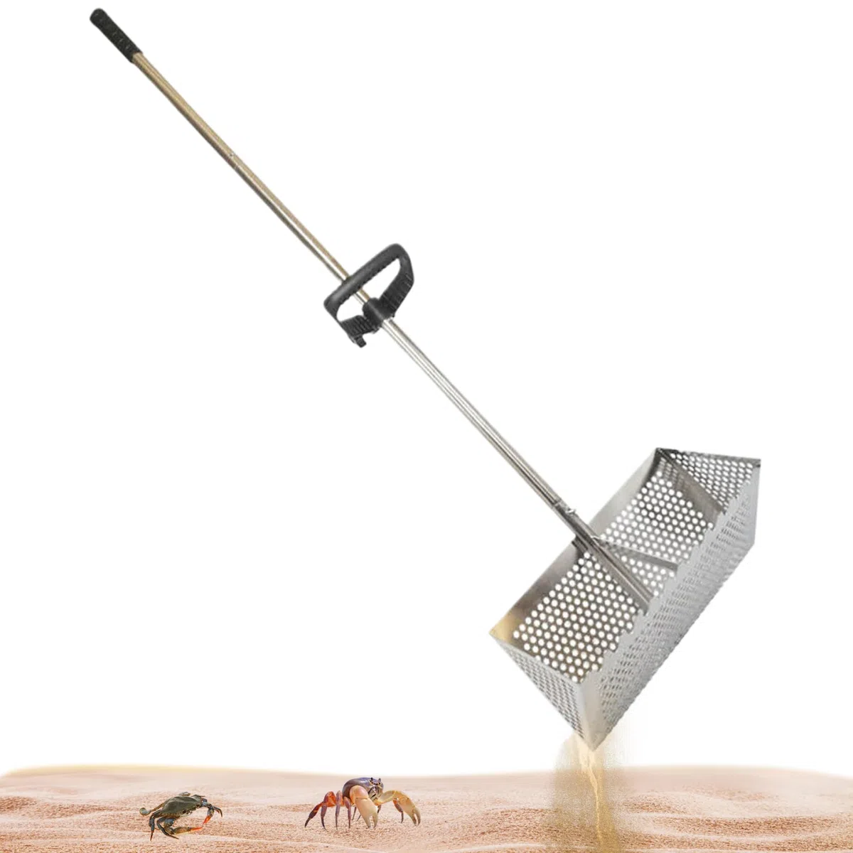 e rastrello per pulci in acciaio inox da spiaggia e da giardino con denti da 15,8 pollici, cestino largo, manico lungo staccabile e rastrello per spiaggia e da giardino e rastrello per pulci per spi