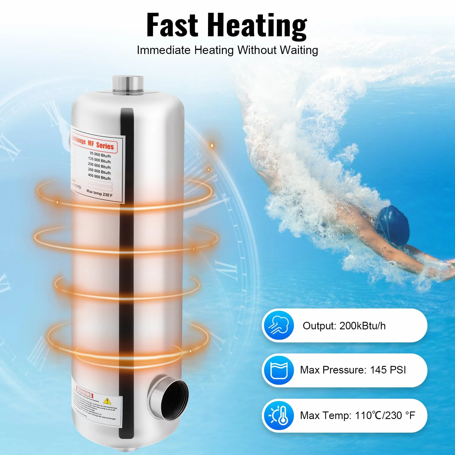 SHZICMY Scambiatore di calore per piscina, 60 kW, in acciaio inox, 250 l/min, flusso d'acqua calda, 30 l/min, scambiatore di calore per piscina