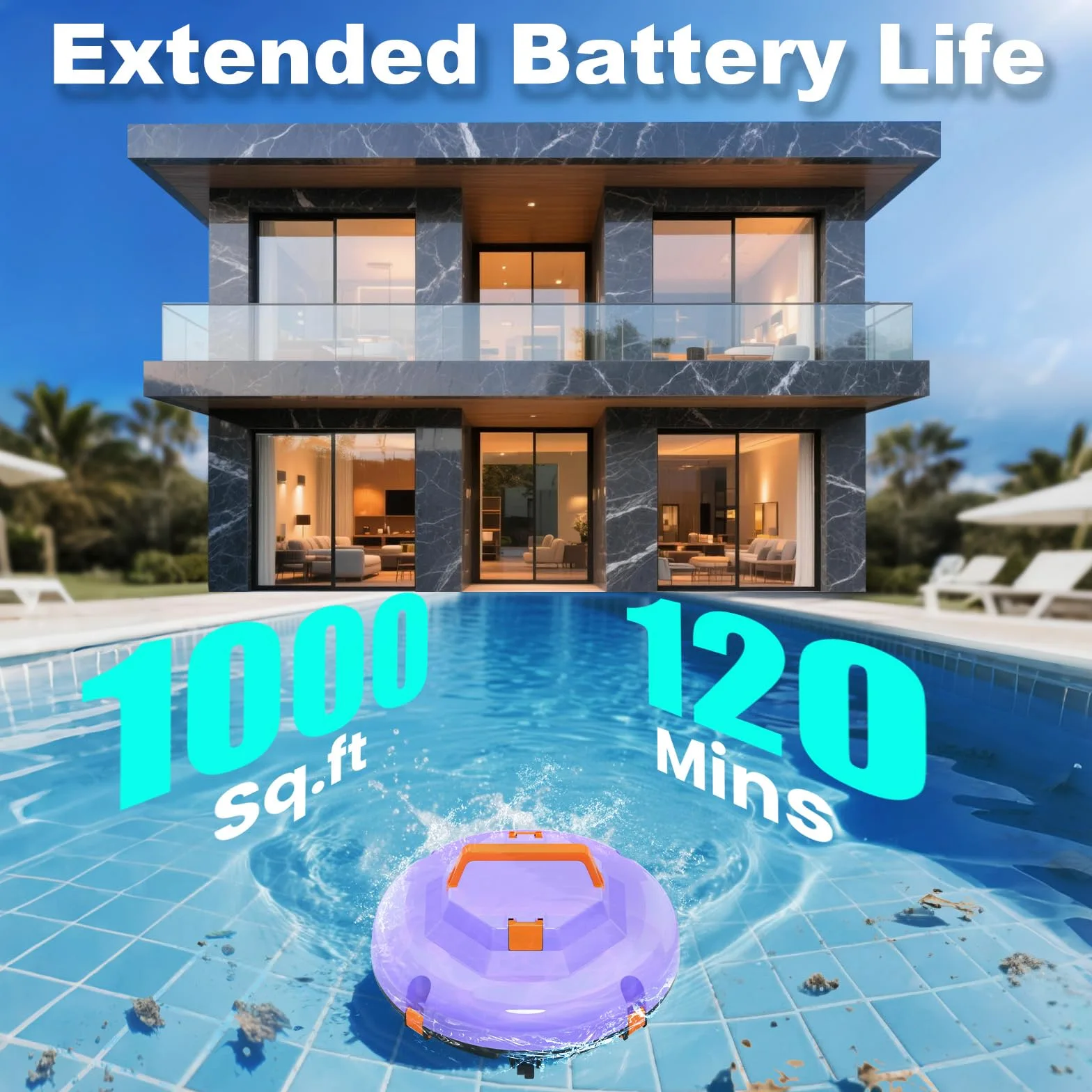 Robot pulitore per piscine senza fili 2026, 120 minuti, automatico, per piscine fuori terra e in terra piane fino a 1000 mq, robot pulitore per piscine con tecnologia di parcheggio autonomo