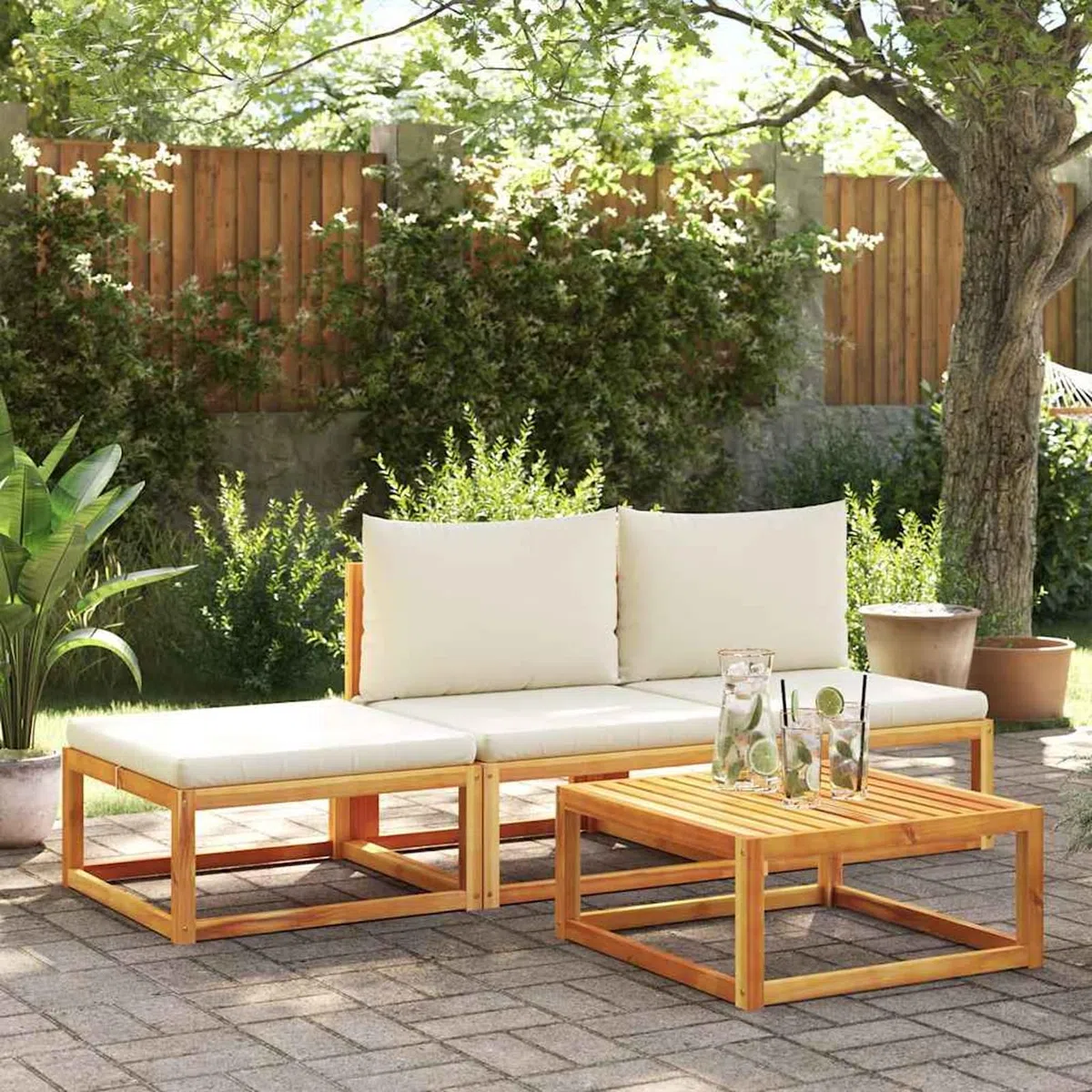Sgabello da giardino con cuscino, 65 x 65 x 29 cm, legno massiccio di acacia, bianco crema, resistente alle intemperie e impilabile, per terrazza, giardino, balcone e interni