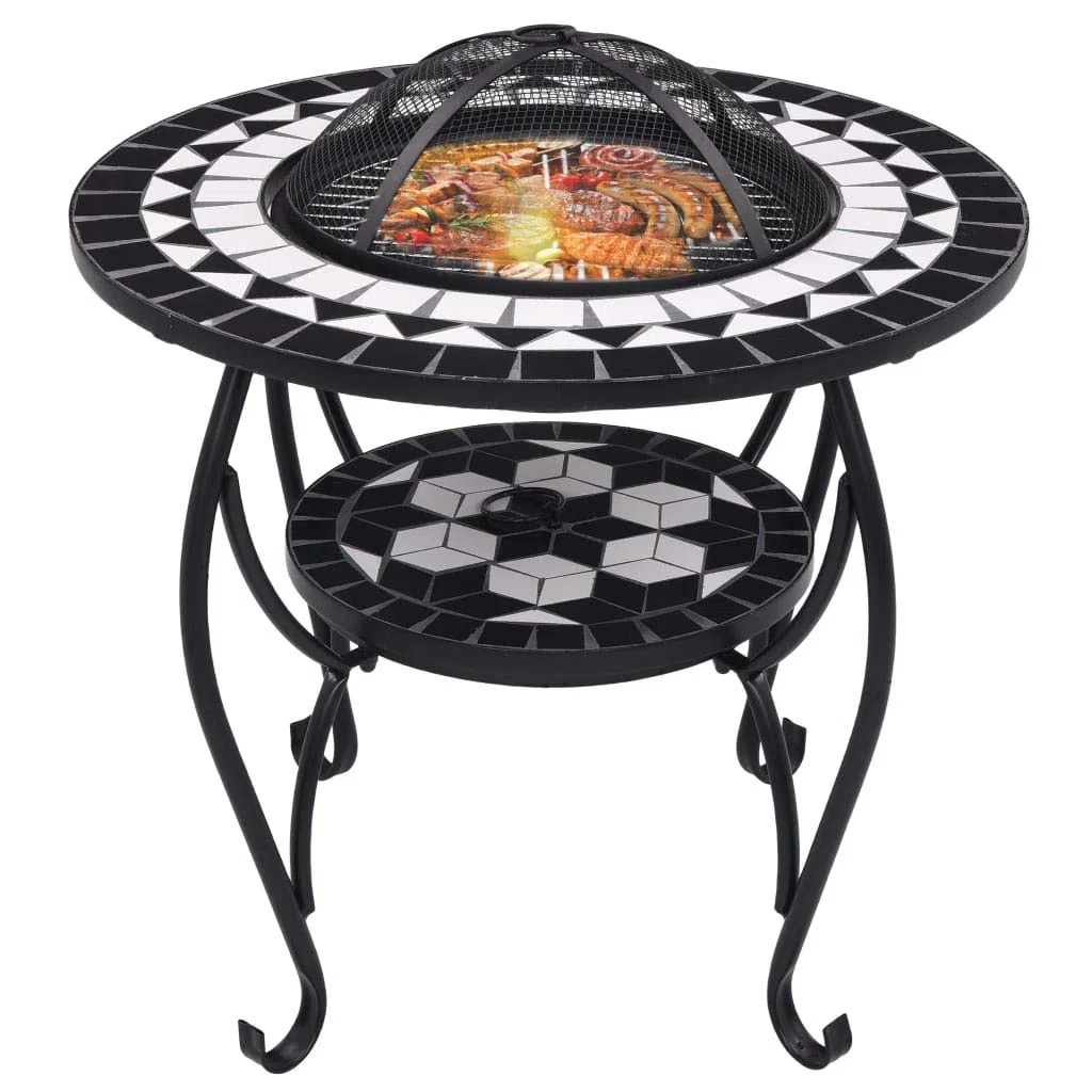 Braciere rotondo con mosaico in ceramica nera e bianca, 68 cm, braciere con protezione dalle scintille in acciaio, braciere per legno e carbone, con attizzatoio, utilizzabile anche come barbecue