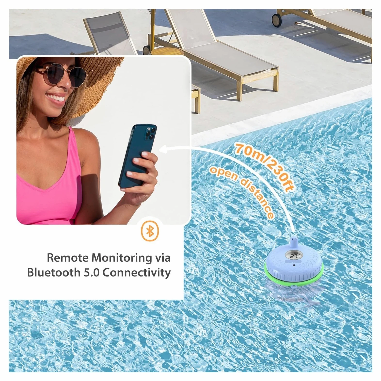 Termometro Bluetooth for Piscina, termometro Galleggiante Intelligente for Interni ed Esterni, for Piscina, vasche da Bagno, laghetti for Pesci, sorgenti termali