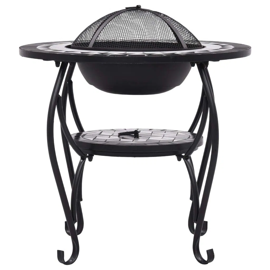 Braciere rotondo con mosaico in ceramica nera e bianca, 68 cm, braciere con protezione dalle scintille in acciaio, braciere per legno e carbone, con attizzatoio, utilizzabile anche come barbecue