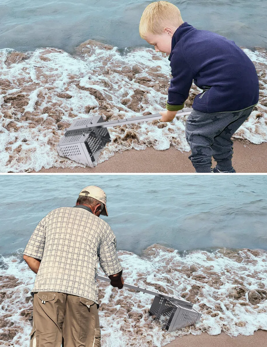 e rastrello, e rastrello per spiaggia, 36,2" manico ergonomico a T staccabile lungo, 11,2'' cestino trapezoidale largo con 2 elementi di supporto e denti ad arpa, acciaio inossidabile e rastrello pe