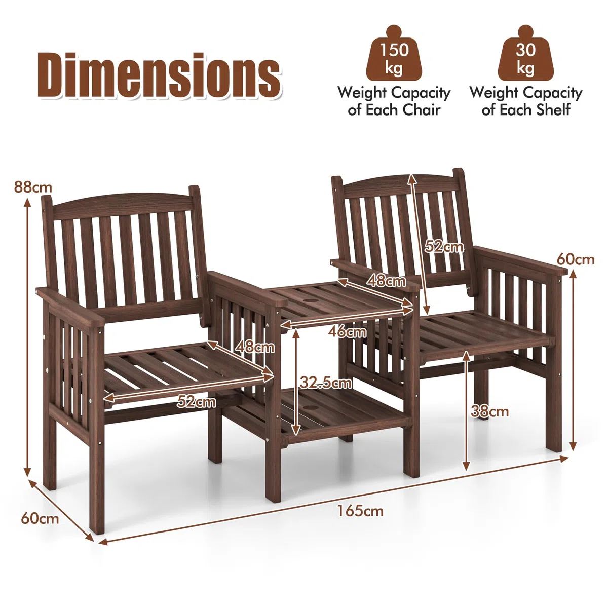 KOMFOTTEU Set di salotto da giardino in un pezzo, in legno massello, 1 tavolo con foro per ombrelloni e 2 poltrone, mobili da esterno per cortile, patio, terrazza (carico 150 kg, marrone)