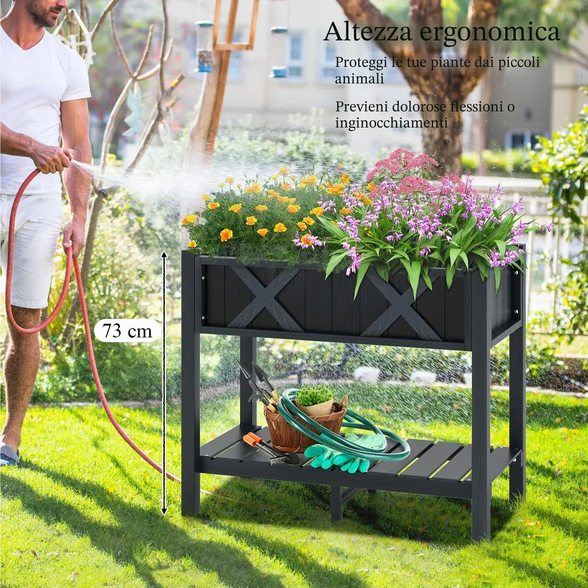 HOMASIS Fioriera rialzata con gambe, mensola, fori di drenaggio, materiale Hips resistente alle intemperie, letto per coltivazione di fiori, verdure, frutta, interni ed esterni, 86 x 45 x 73 cm, nero