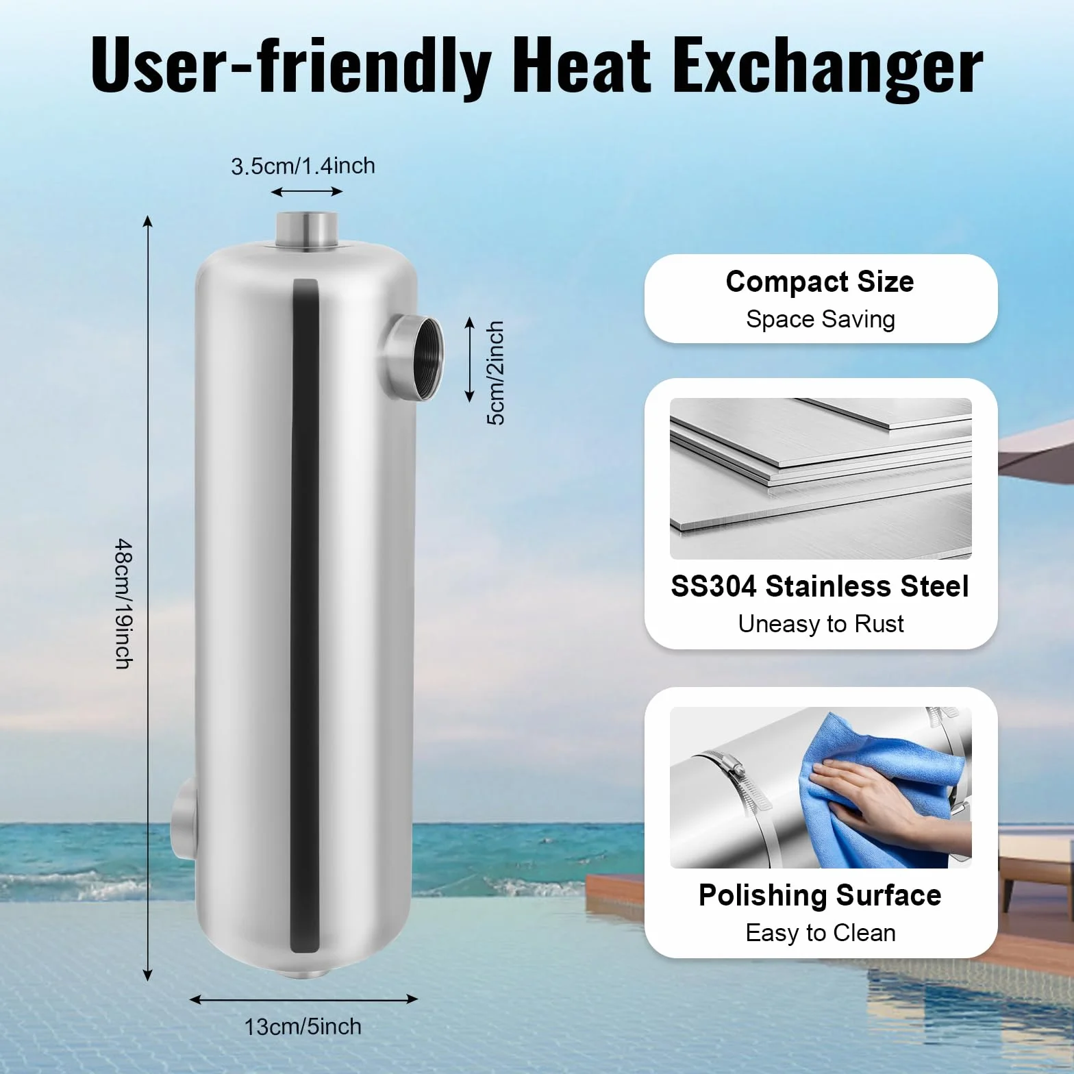 SHZICMY Scambiatore di calore per piscina, 60 kW, in acciaio inox, 250 l/min, flusso d'acqua calda, 30 l/min, scambiatore di calore per piscina