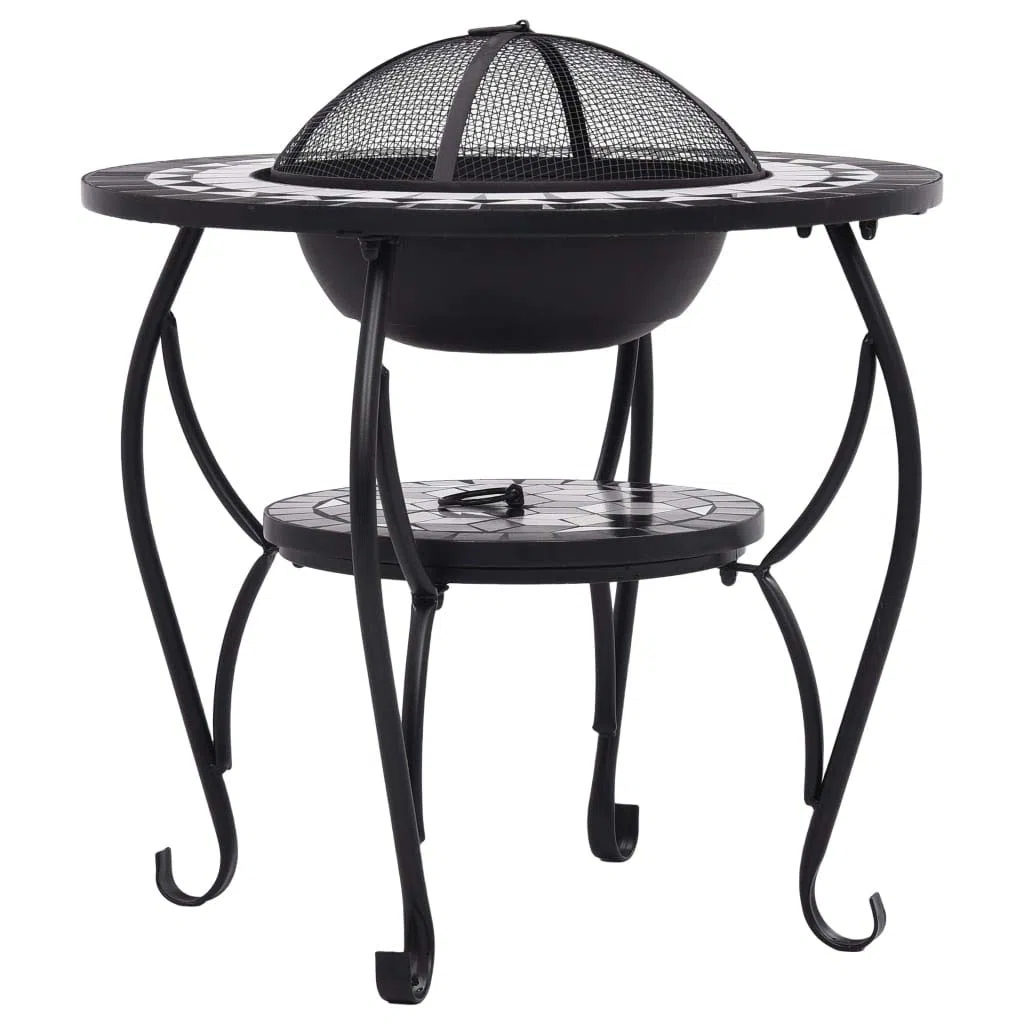 Braciere rotondo con mosaico in ceramica nera e bianca, 68 cm, braciere con protezione dalle scintille in acciaio, braciere per legno e carbone, con attizzatoio, utilizzabile anche come barbecue