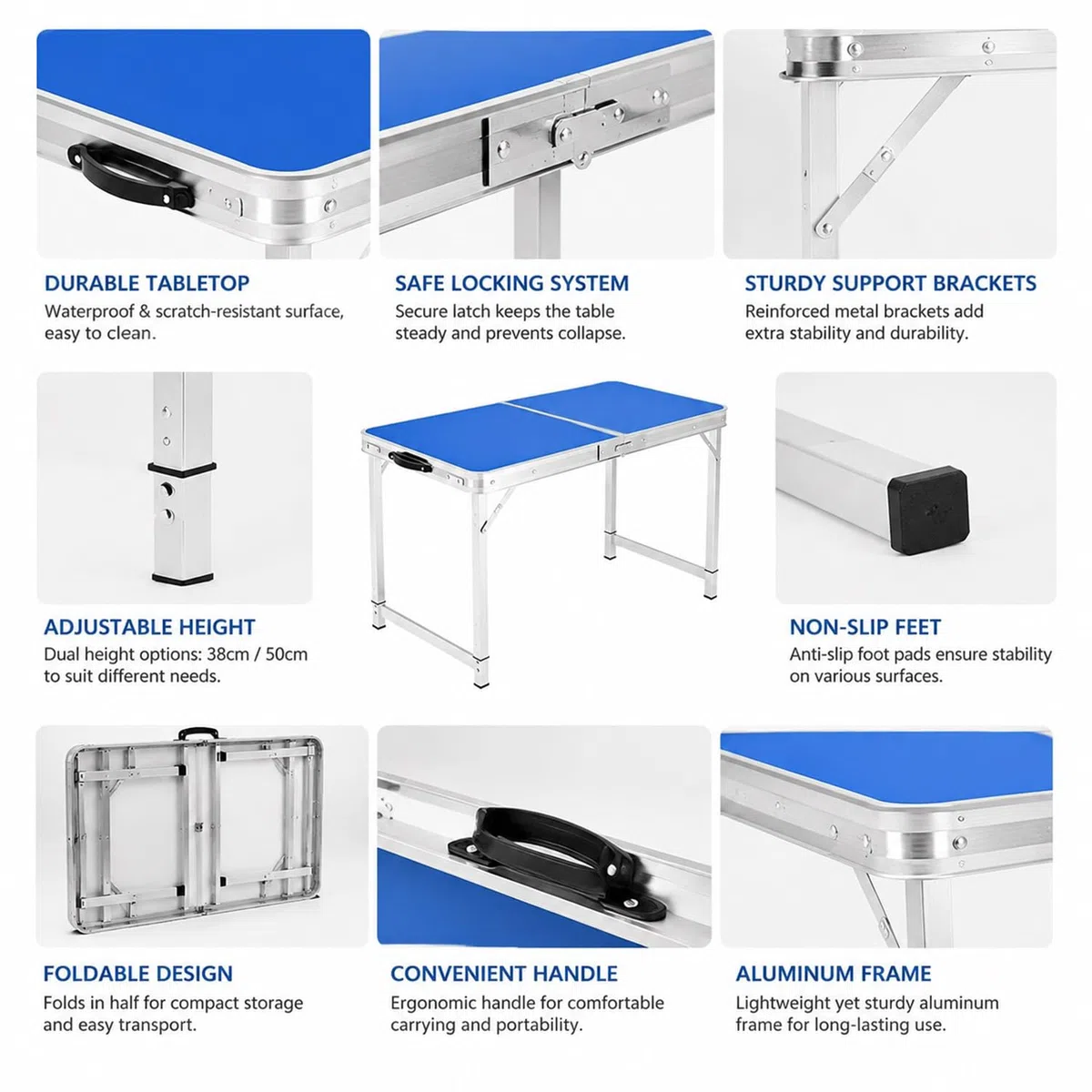Tavolo Campeggio Pieghevole in Alluminio e MDF, Tavolo da Picnic con 3 Altezze Regolabili Tavolino Portatile per Spiaggia, Balcone, Giardino