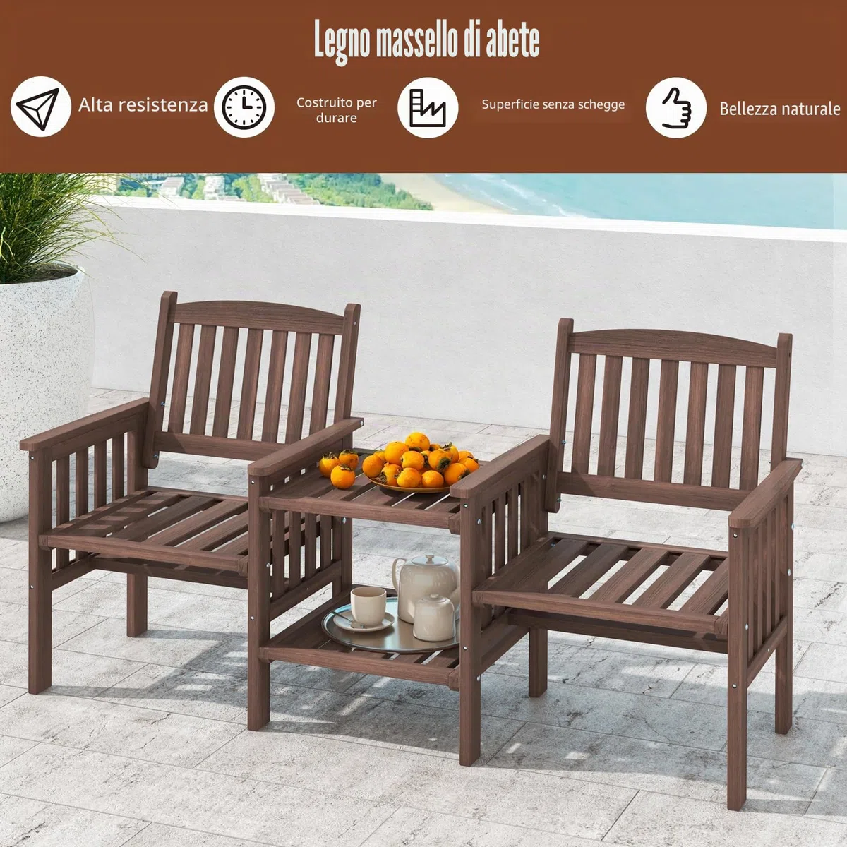 KOMFOTTEU Set di salotto da giardino in un pezzo, in legno massello, 1 tavolo con foro per ombrelloni e 2 poltrone, mobili da esterno per cortile, patio, terrazza (carico 150 kg, marrone)