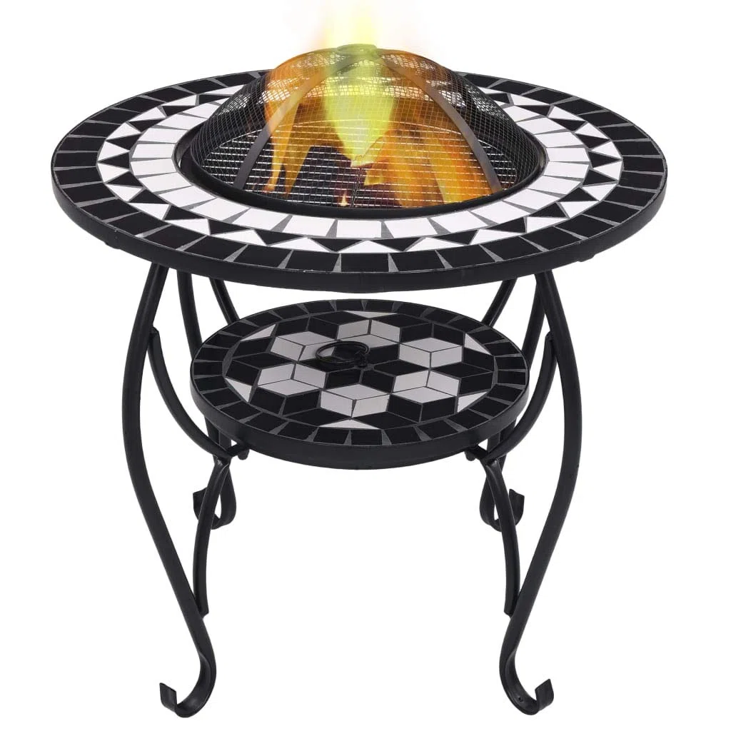 Braciere rotondo con mosaico in ceramica nera e bianca, 68 cm, braciere con protezione dalle scintille in acciaio, braciere per legno e carbone, con attizzatoio, utilizzabile anche come barbecue