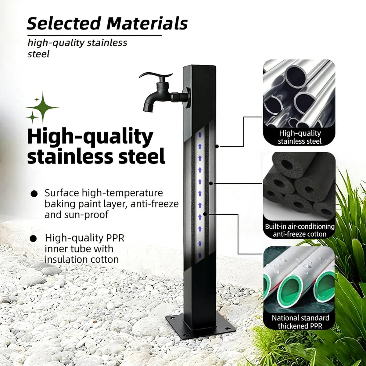 Colonna del Rubinetto da Giardino in Acciaio Inossidabile 304, Fontana d'Acqua Indipendente con Rubinetto A Doppia Uscita E Tubo Interno in Acciaio Inox, per Esterno Casa Giardino,Black-60cm