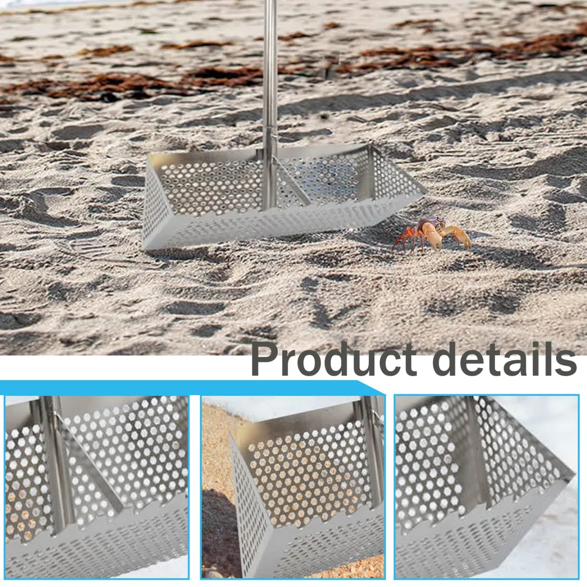 e rastrello per pulci in acciaio inox da spiaggia e da giardino con denti da 15,8 pollici, cestino largo, manico lungo staccabile e rastrello per spiaggia e da giardino e rastrello per pulci per spi