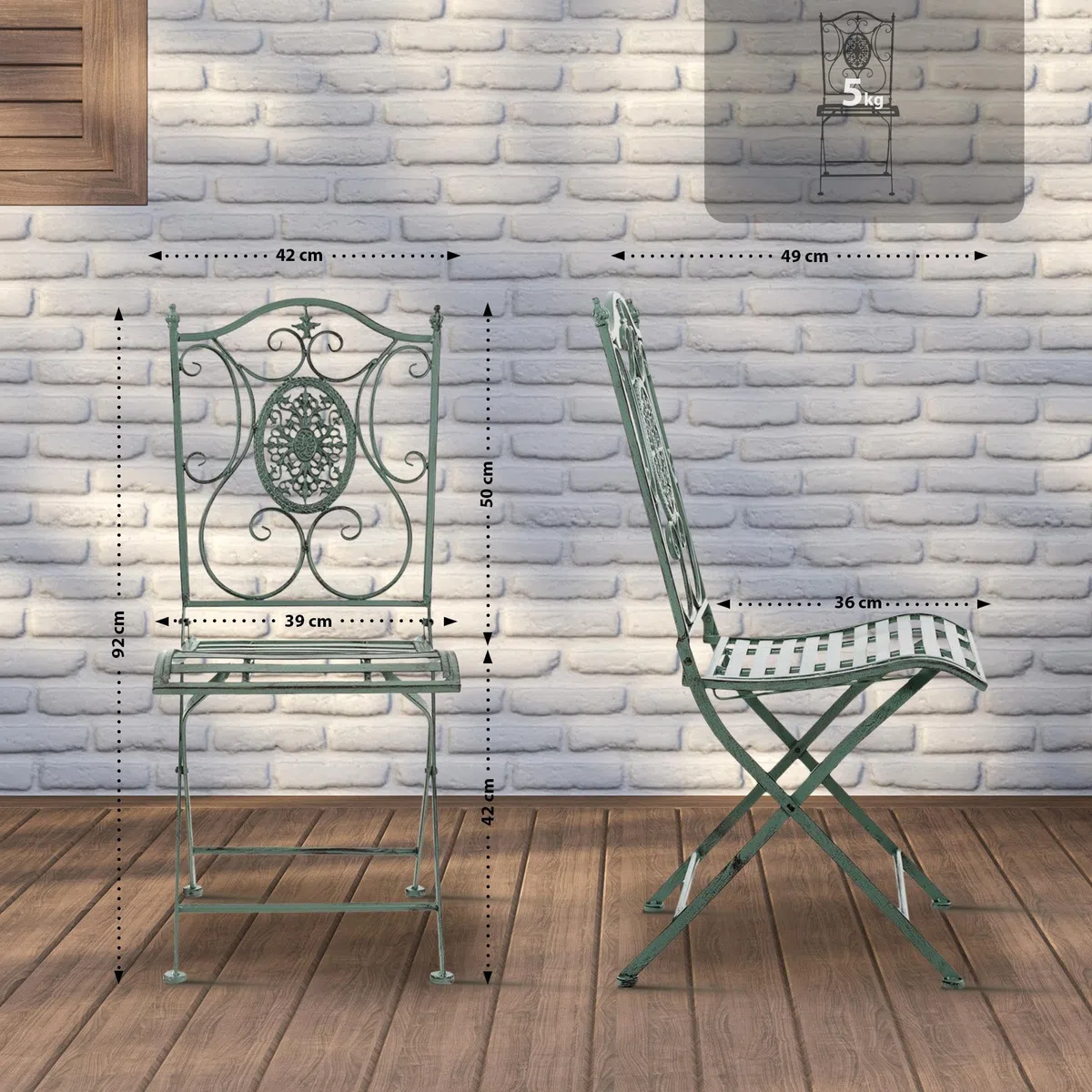 CLP Set di 2 sedie da giardino in ferro Sibell I Sedie pieghevoli con nobili ornamenti Colore:antico-verde