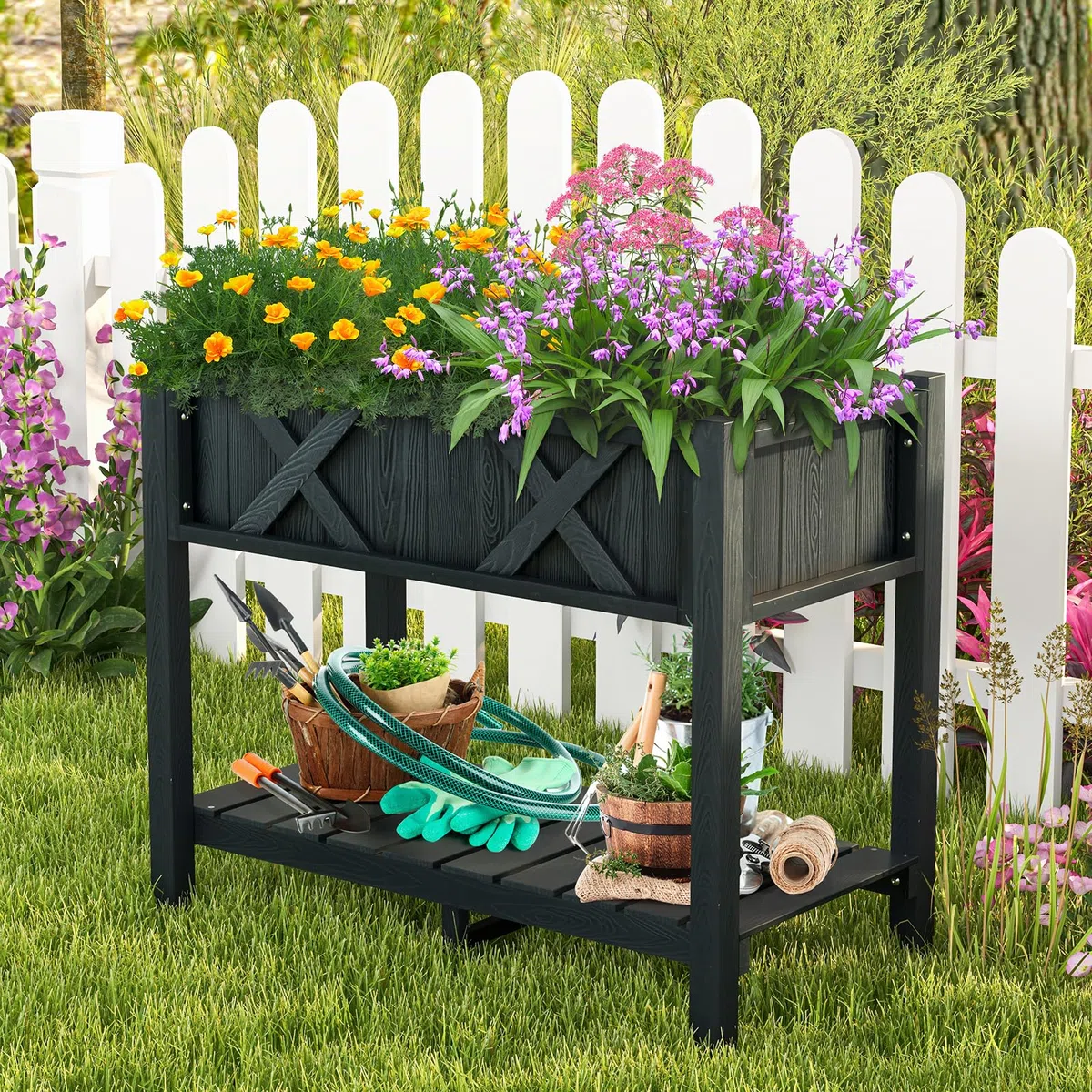 HOMASIS Fioriera rialzata con gambe, mensola, fori di drenaggio, materiale Hips resistente alle intemperie, letto per coltivazione di fiori, verdure, frutta, interni ed esterni, 86 x 45 x 73 cm, nero