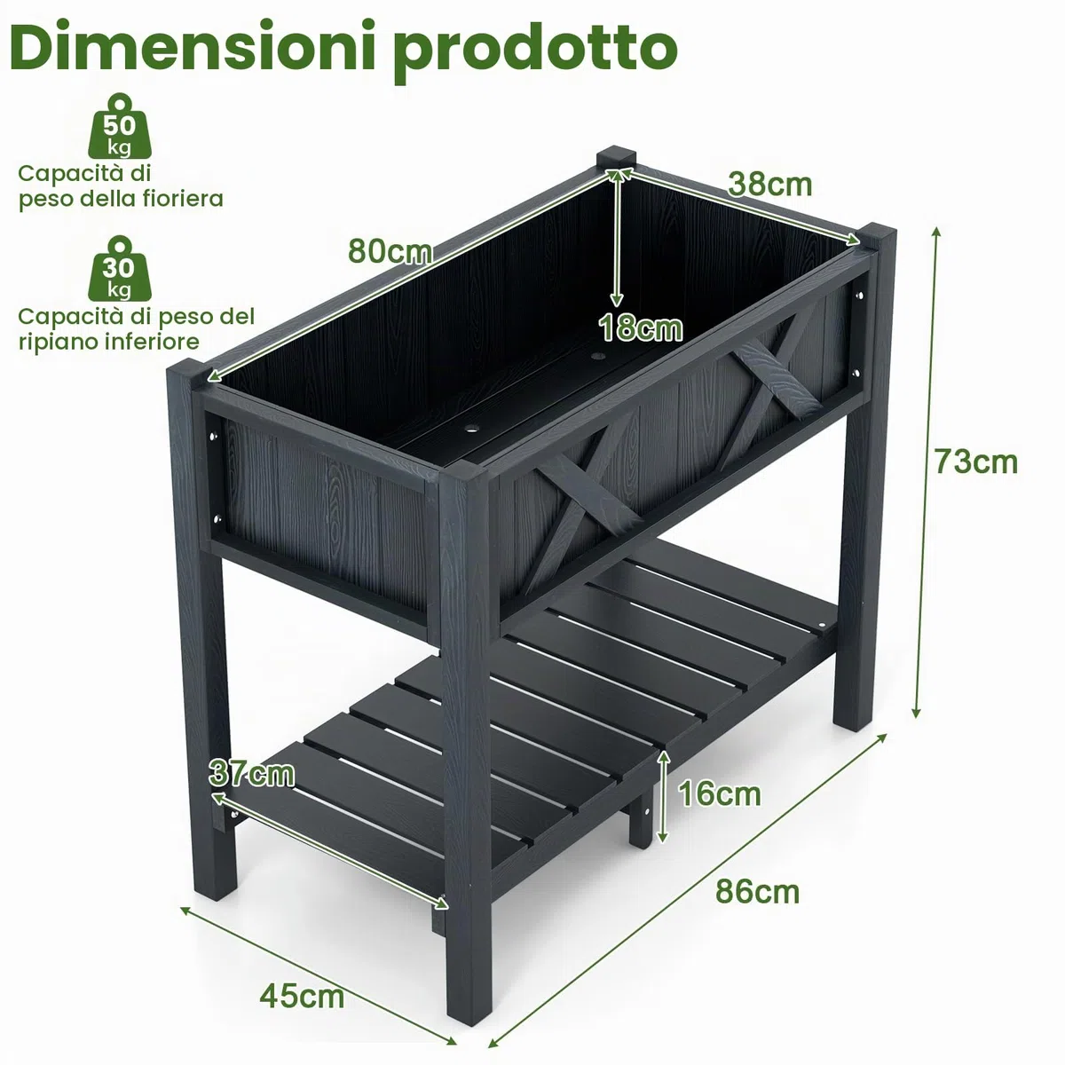 HOMASIS Fioriera rialzata con gambe, mensola, fori di drenaggio, materiale Hips resistente alle intemperie, letto per coltivazione di fiori, verdure, frutta, interni ed esterni, 86 x 45 x 73 cm, nero