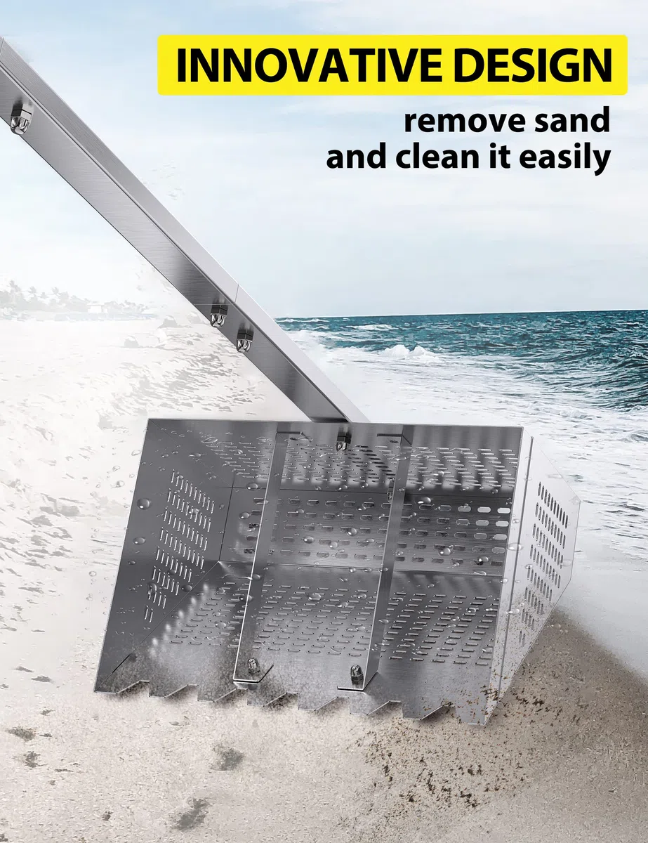 e rastrello, e rastrello per spiaggia, 36,2" manico ergonomico a T staccabile lungo, 11,2'' cestino trapezoidale largo con 2 elementi di supporto e denti ad arpa, acciaio inossidabile e rastrello pe