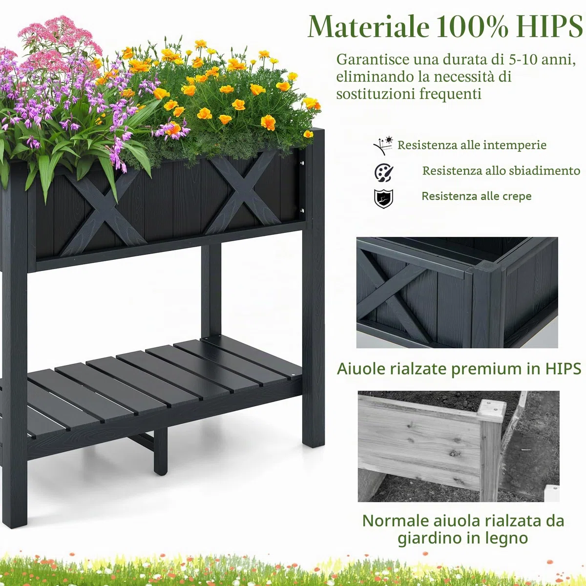 HOMASIS Fioriera rialzata con gambe, mensola, fori di drenaggio, materiale Hips resistente alle intemperie, letto per coltivazione di fiori, verdure, frutta, interni ed esterni, 86 x 45 x 73 cm, nero