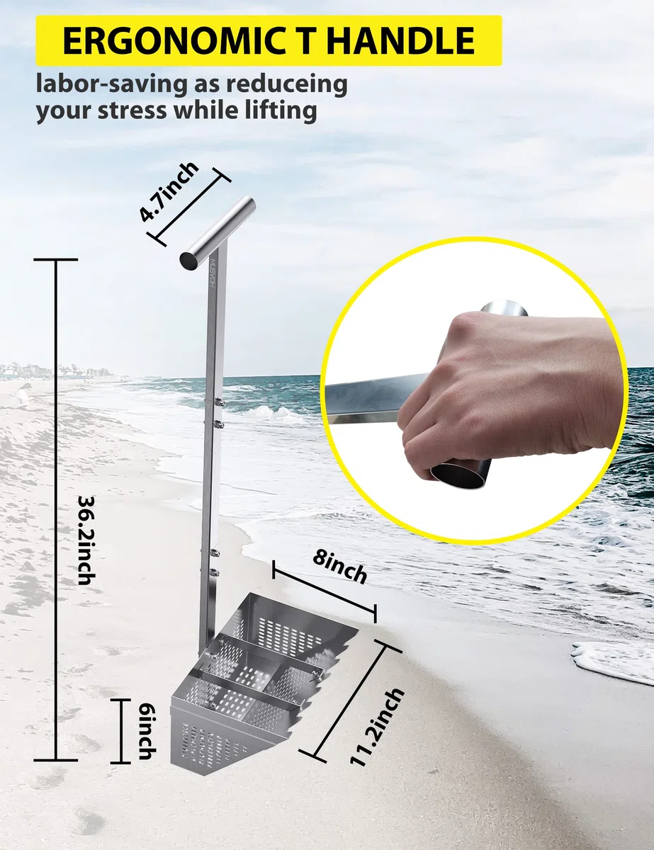 e rastrello, e rastrello per spiaggia, 36,2" manico ergonomico a T staccabile lungo, 11,2'' cestino trapezoidale largo con 2 elementi di supporto e denti ad arpa, acciaio inossidabile e rastrello pe