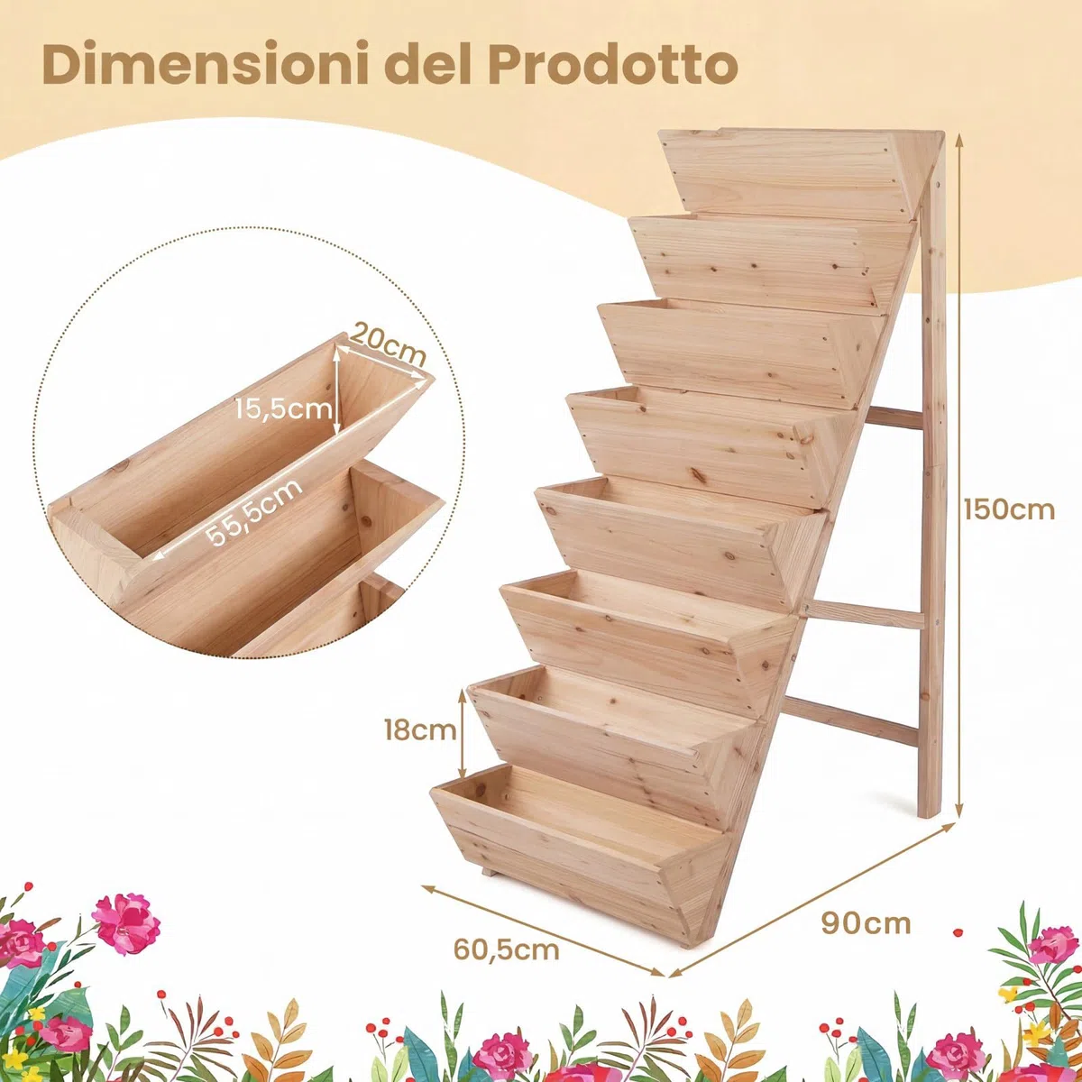 COSTWAY Fioriera Rialzata a 8 Livelli, Aiuola Verticale a Forma di V in Legno di Abete, Telaio Triangolare Indeformabile, Orto Rialzato da Esterno o Interno per Piante, Fiori, Verdure