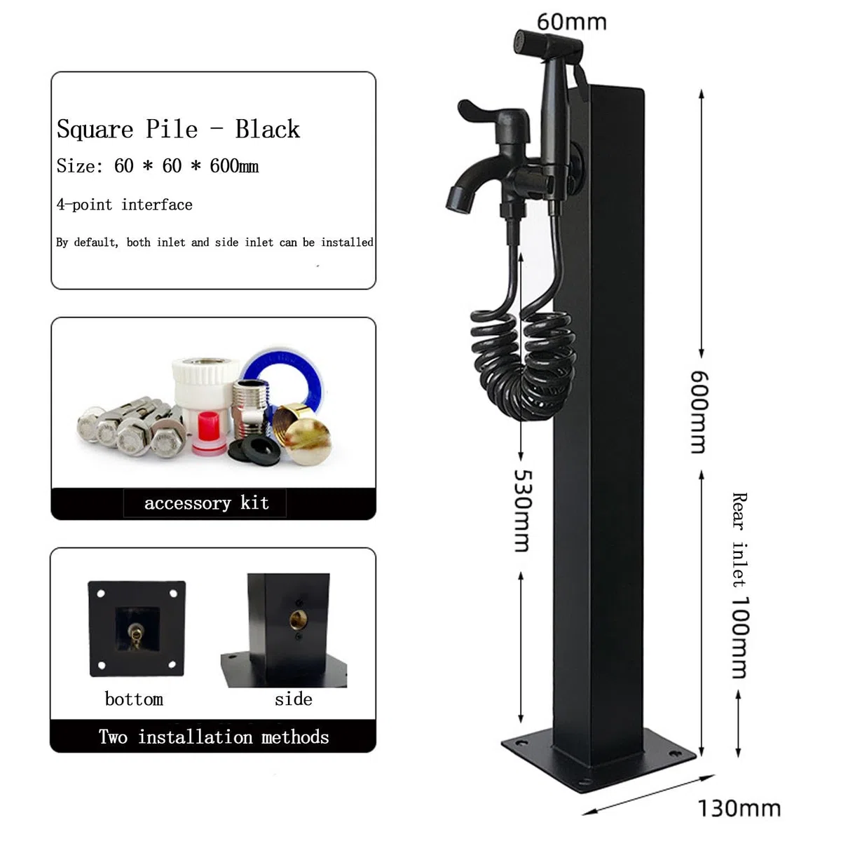 Colonna del Rubinetto da Giardino in Acciaio Inossidabile 304, Fontana d'Acqua Indipendente con Rubinetto A Doppia Uscita E Tubo Interno in Acciaio Inox, per Esterno Casa Giardino,Black-60cm