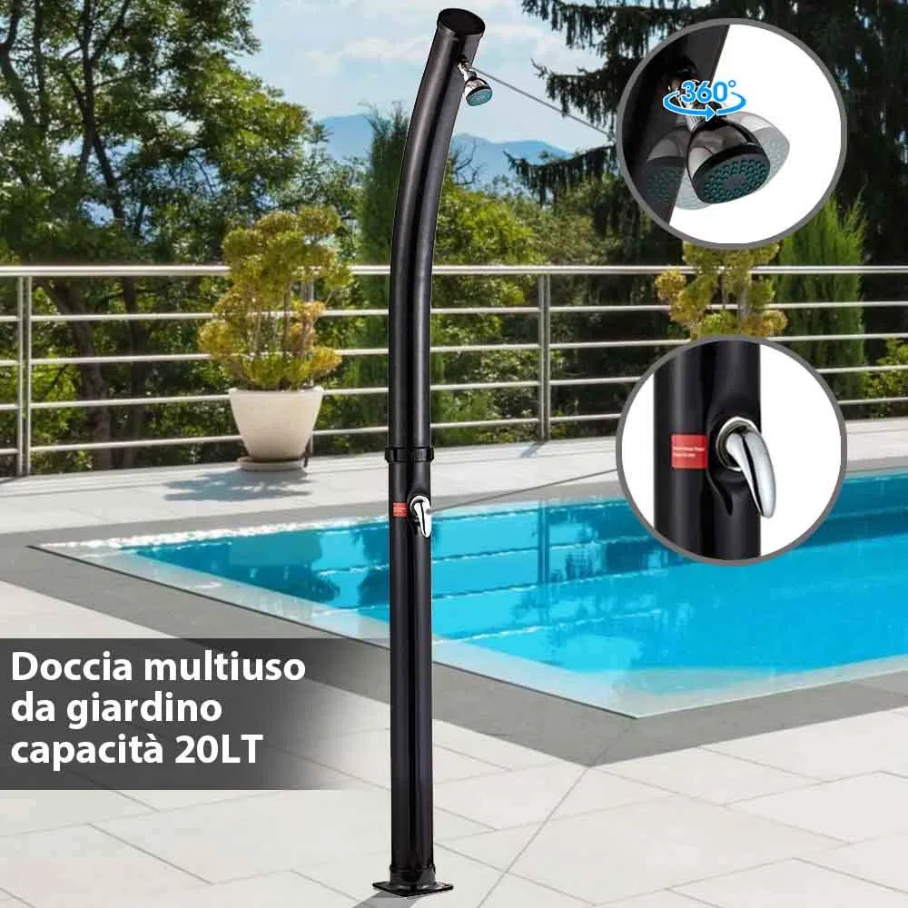 BAKAJI Doccia Solare per Giardino Piscina Esterno Campeggio Serbatoio 20Lt con Soffione Regolabile Miscelatore Acqua Calda Attacco Tubo da Giardino Dimensione 214 x 11,5 x 11,5 cm