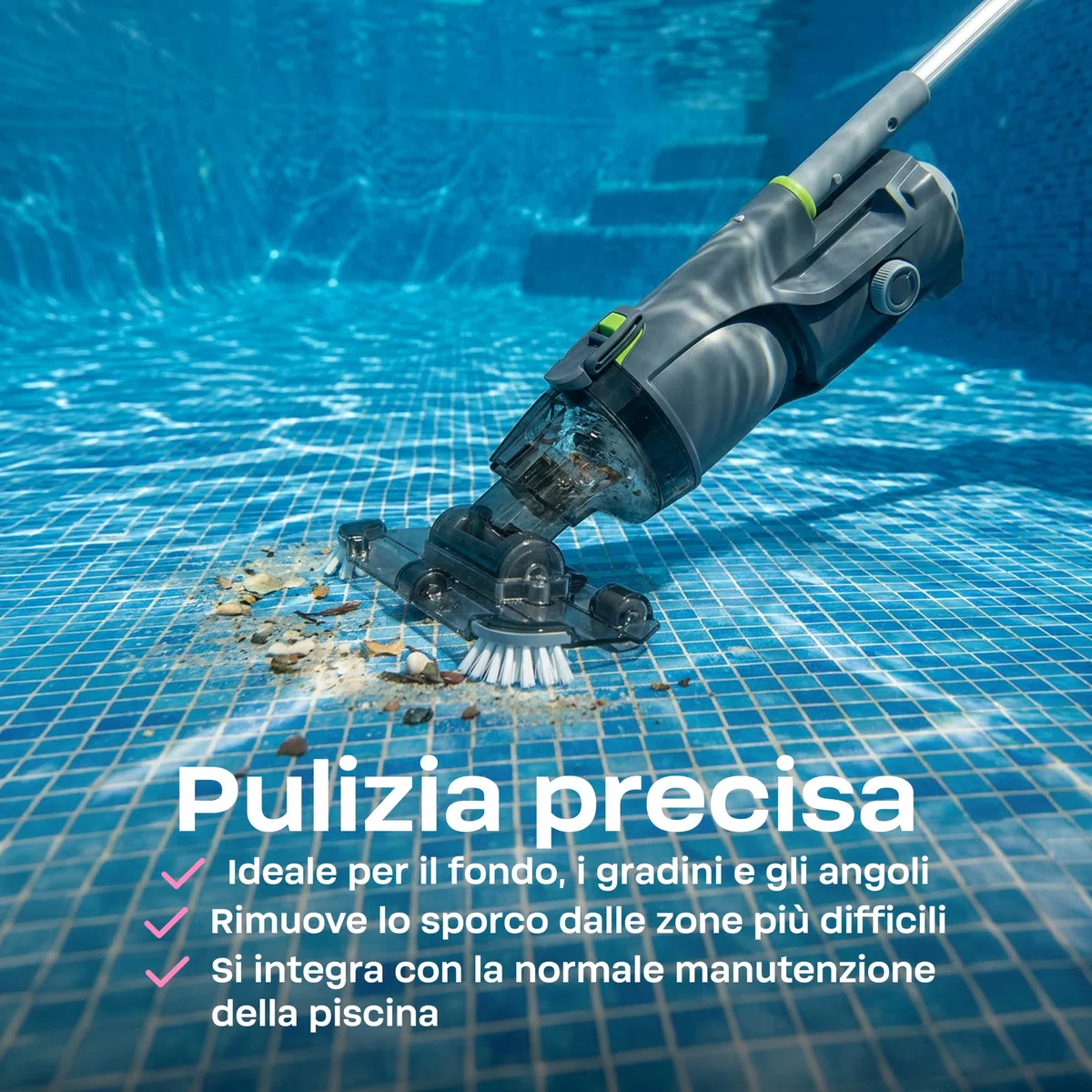 BWT Aspiratore Piscina ES30 | Pulitore a Batteria Senza Fili | 40 Min Autonomia | Doppia Batteria 4000 mAh | Per Piscine fino a 15 m³ | Include Manico Telescopico BWT