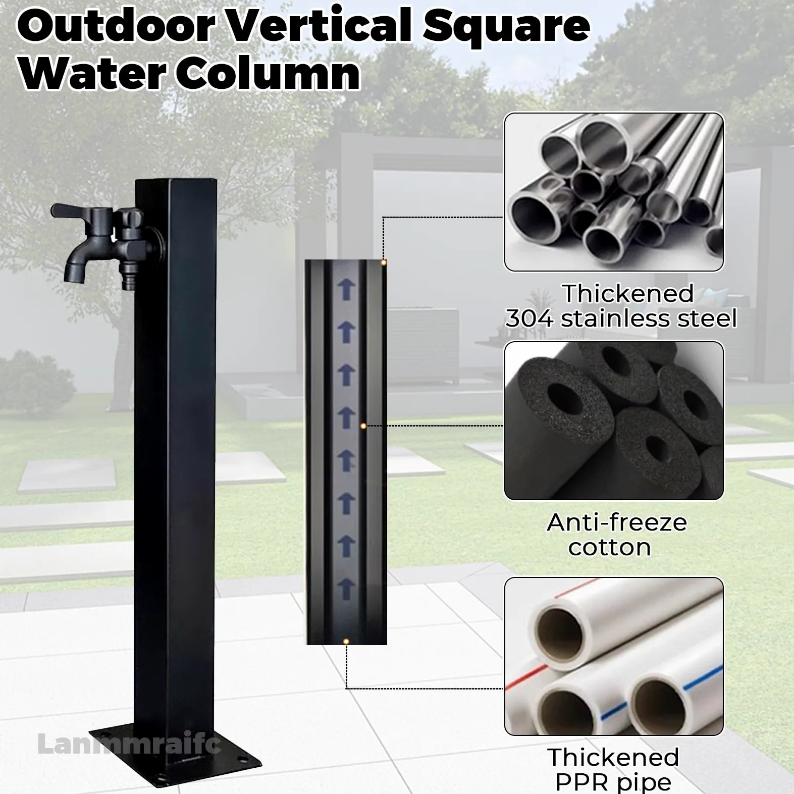 Colonna d'acqua da giardino in acciaio inossidabile per esterni, rubinetto verticale per giardino con supporto per tubo flessibile indipendente, rubinetto per cortile esterno antigelo antigelo(Height:
