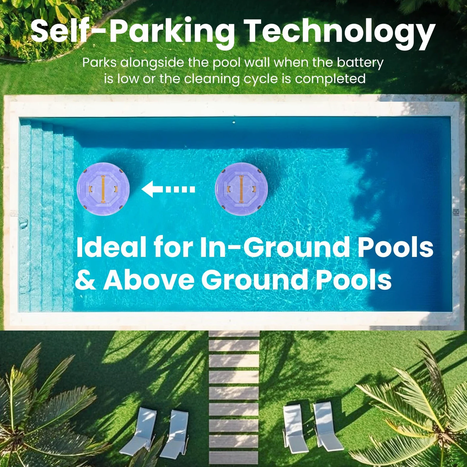 Robot pulitore per piscine senza fili 2026, 120 minuti, automatico, per piscine fuori terra e in terra piane fino a 1000 mq, robot pulitore per piscine con tecnologia di parcheggio autonomo