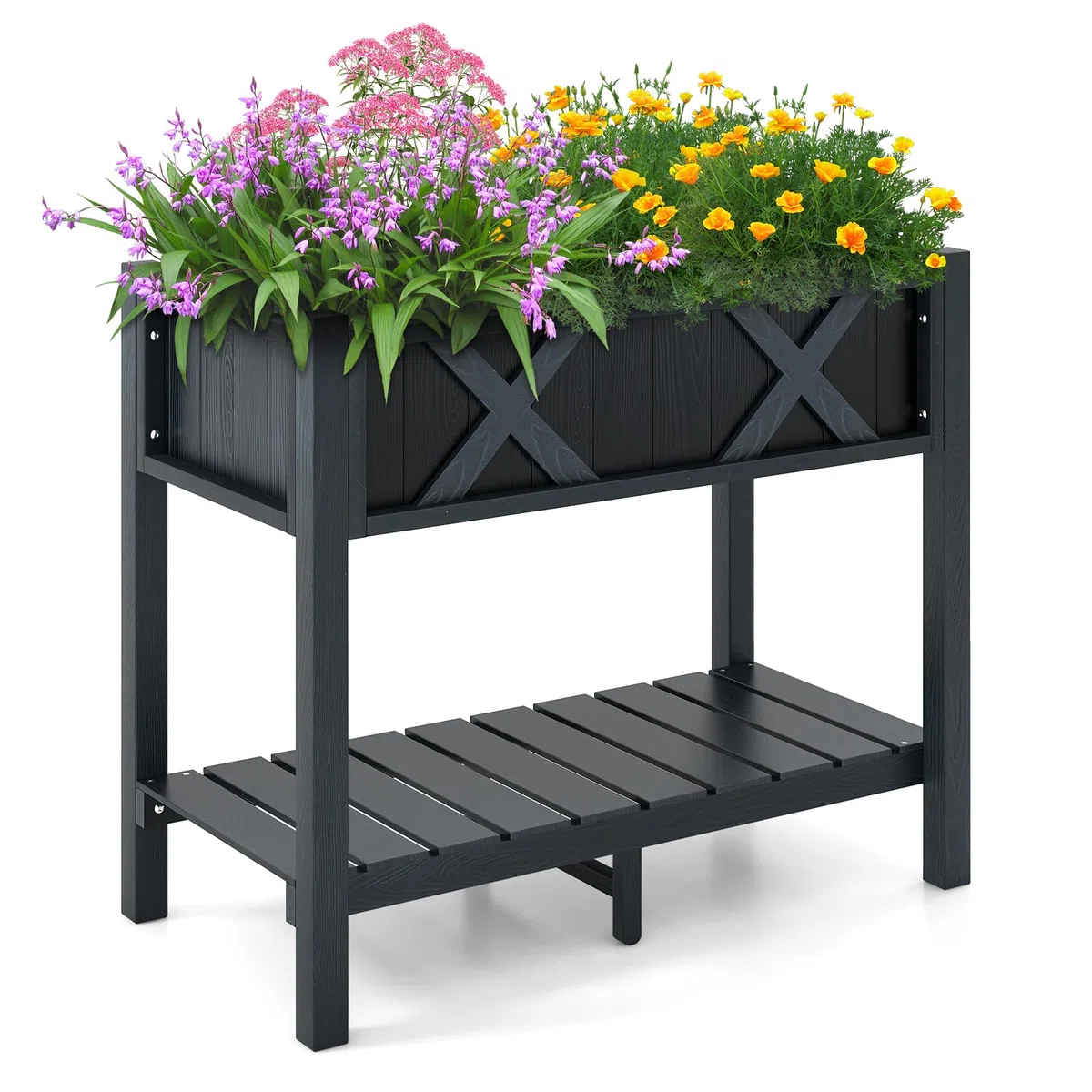 HOMASIS Fioriera rialzata con gambe, mensola, fori di drenaggio, materiale Hips resistente alle intemperie, letto per coltivazione di fiori, verdure, frutta, interni ed esterni, 86 x 45 x 73 cm, nero
