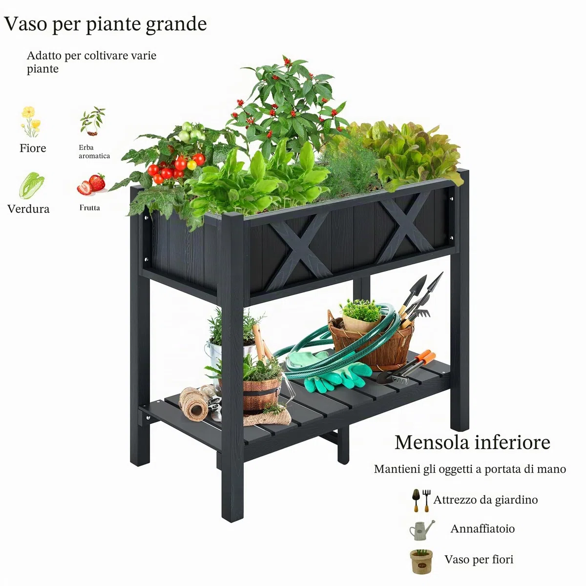 HOMASIS Fioriera rialzata con gambe, mensola, fori di drenaggio, materiale Hips resistente alle intemperie, letto per coltivazione di fiori, verdure, frutta, interni ed esterni, 86 x 45 x 73 cm, nero