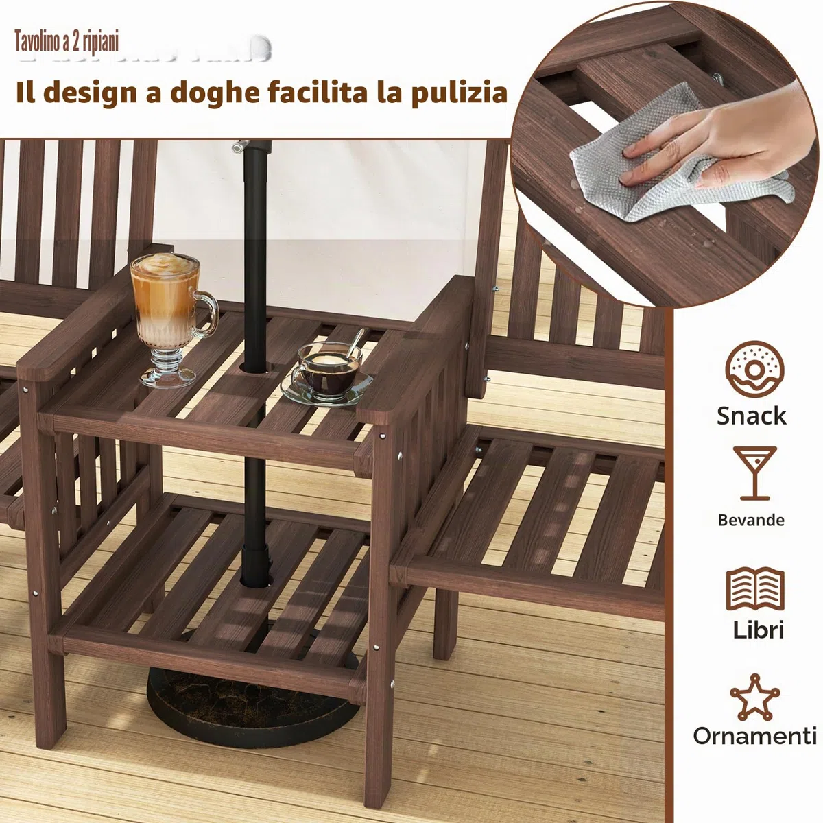 KOMFOTTEU Set di salotto da giardino in un pezzo, in legno massello, 1 tavolo con foro per ombrelloni e 2 poltrone, mobili da esterno per cortile, patio, terrazza (carico 150 kg, marrone)