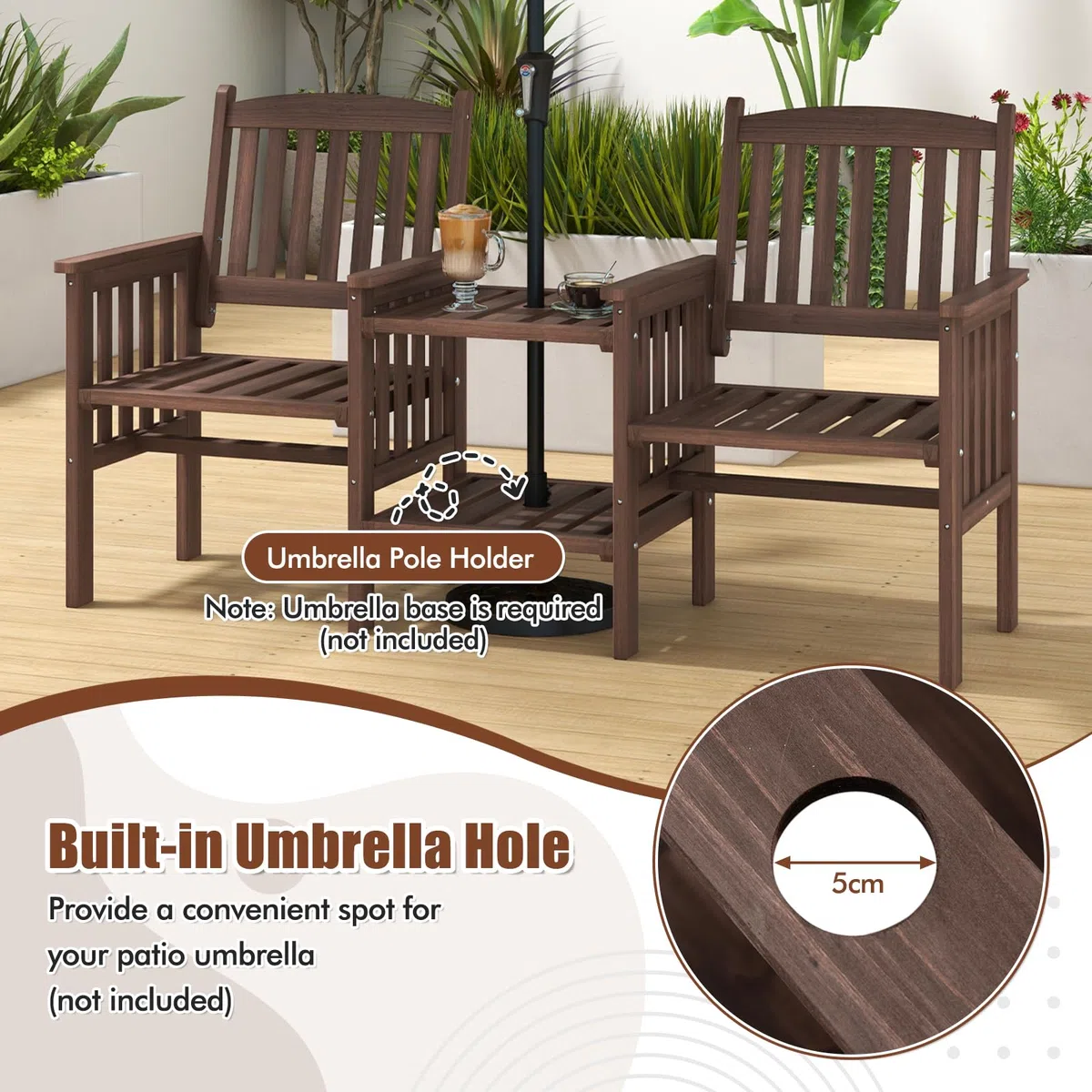 KOMFOTTEU Set di salotto da giardino in un pezzo, in legno massello, 1 tavolo con foro per ombrelloni e 2 poltrone, mobili da esterno per cortile, patio, terrazza (carico 150 kg, marrone)
