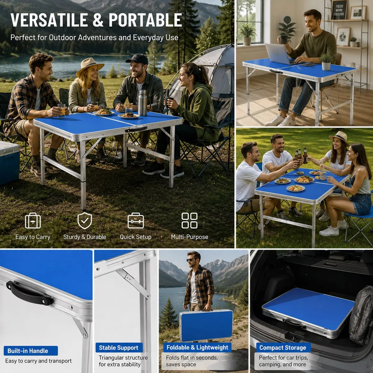 Tavolo Campeggio Pieghevole in Alluminio e MDF, Tavolo da Picnic con 3 Altezze Regolabili Tavolino Portatile per Spiaggia, Balcone, Giardino